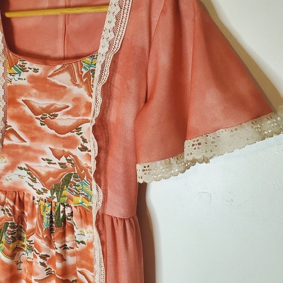 Salmon Vintage Long Dress with Hawaii Print, Lace Trim and Tie Waist - Picture 8 of 15